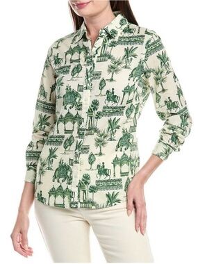 NWT J. McLaughlin Cream Button-Down Shirt with Green Scenic Print